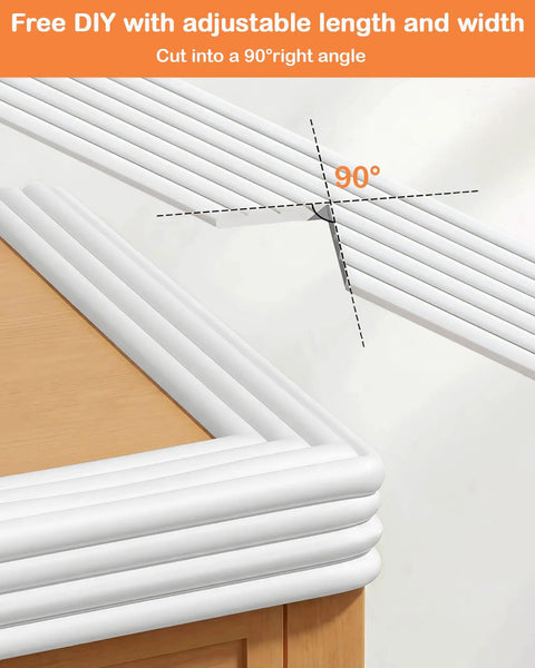 Super Snug W Shape Corner Protectors With Pre Taped Edge Guard For Furniture Safety Kid And Pet Friendly Home Bumper Roll on table corners with 90-degree cut.
