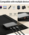 Foldable 28W Solar Charger with Dual USB showing device compatibility and USB ports