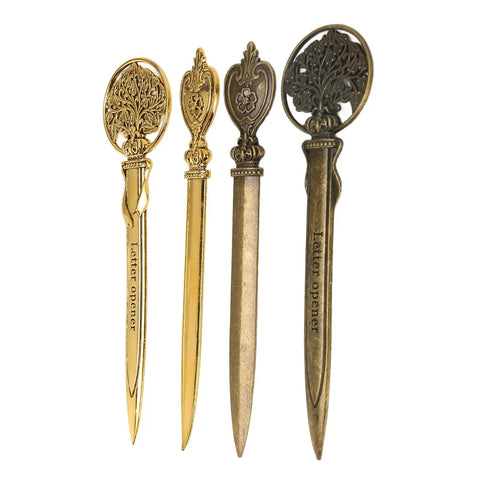 Four sleek zinc alloy letter openers with retro pattern and ergonomic handle, replicas shown, ideal for home office use.