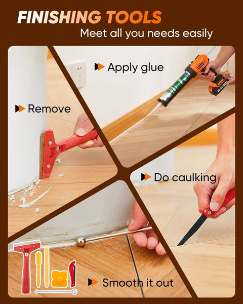 Cordless Caulking Gun Drip Free With LED Light, 4 Speed Settings in use, applying and smoothing caulking for kitchen