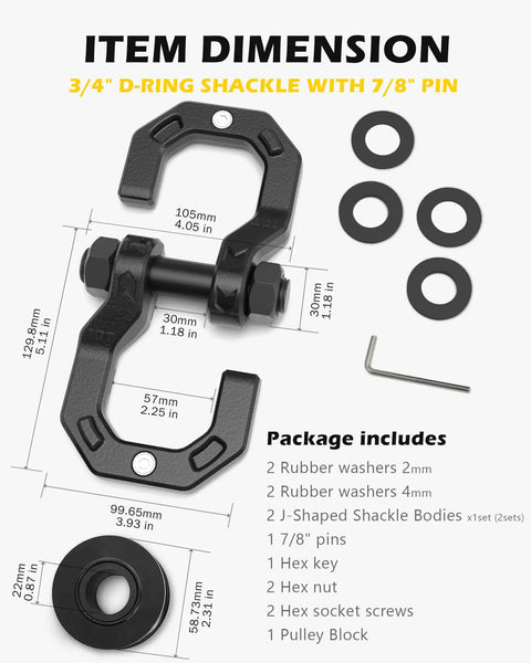 Separate D Ring Shackle With Pulley Block Snatch Block Three Quarters Inch Easy Open Off Road Recovery Set Built For Tough Jobs Beefed Up Heavy Duty 26 Ton Breaking Strength Ideal For Tow Trucks And Vehicle Recovery Black, dimension view with washers and pin