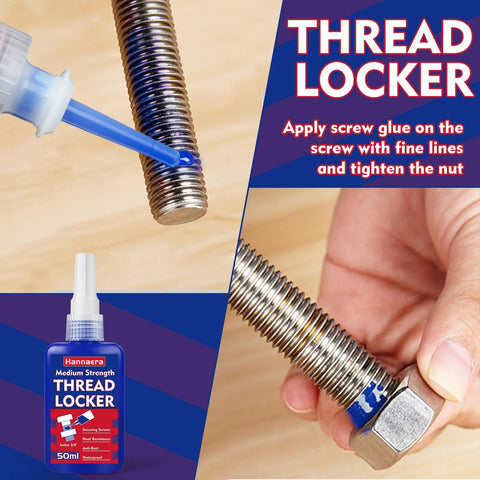Application of blue medium strength thread locker on metal fastener