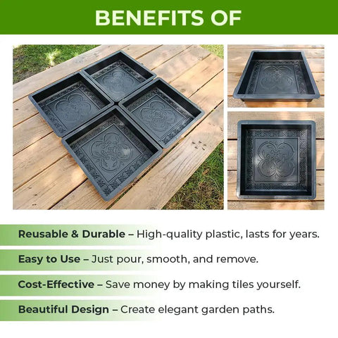4 Piece Concrete Molds Set For DIY Paving Big Pathmaker Cobblestone Molds on wooden surface, black plastic material, garden use.