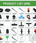 Automatic Drip Irrigation Kit For Garden With 5 Sprayers And Quarter Inch And Half Inch Tubing product list diagram.