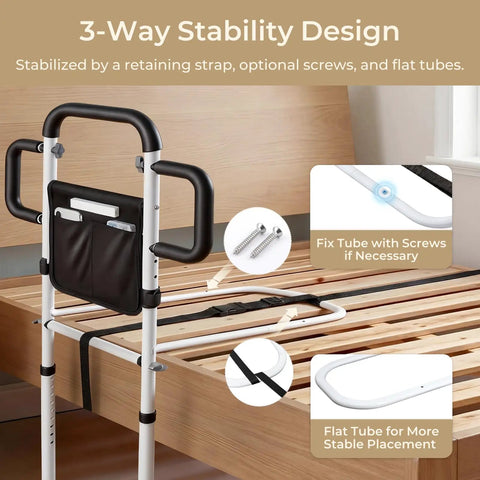 Heavy Duty Bed Rail For Seniors With Motion Sensor Light and triple non-slip handles, showing three-way stability design.