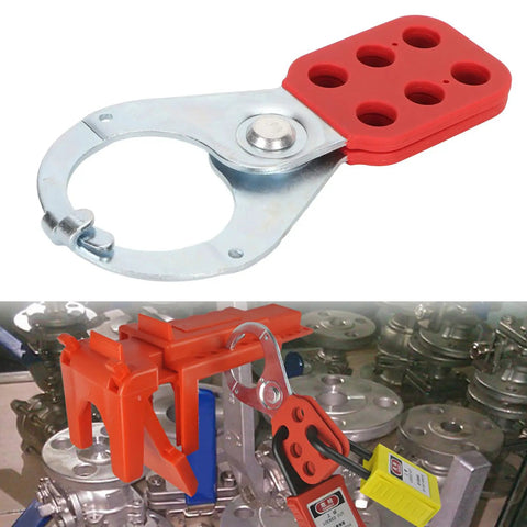 Heavy Duty Nylon Locking Deadbolt With Six Hole Labeling System, Rust Proof Construction, Red And Silver Finish, shown in use