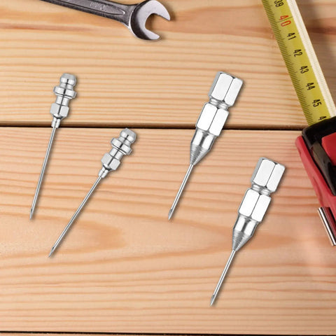 4 Piece Grease Gun Needle Nozzle Set For Tight Spaces And Deep Holes Detachable Grease Tip Adapters With 2 Injecting Needles And 2 Needle Fittings Handy Pro Grade Upgrade For Auto Bike Machinery Maintenance; steel parts on a wooden surface with a wrench and measuring tape visible.