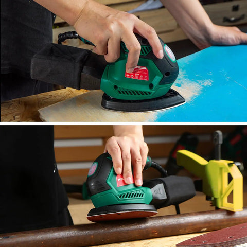 Compact Electric Detail Sander With 14,000 OPM, Includes 12 Sheets Of Sandpaper, Efficient Dust Collection System in use sanding.