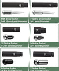 Eight-Piece Lug Nut Socket Set With Spline Sockets For 5/6/7/12 Lug Nuts, 19mm hex, CR-V steel, various spline sizes.