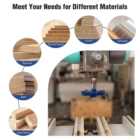 Image showing Extra Large Six Flute CNC Spoilboard Surfacing Router Bit With Half Inch Shank Two And Nine Sixteenths Inch Diameter Ten Millimeter Cutting Length Slab Flattening Planer For Woodworking And Milling installed on a CNC machine for various material types like plywood, MDF, and solid wood.