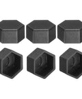 Six Pack Hex Nut Covers Fit M10 Bolts Like A Glove Hella Durable Plastic Screw Guards in black, showing hex shape and size.