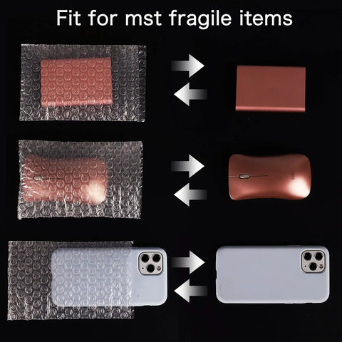 4x6 Bubble Out Bags With Double Walled Cushioning, Thick, Shockproof Pouches shown with phone, hard drive, and mouse