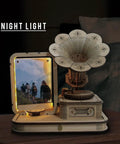 Vintage Gramophone 3D Puzzle Kit With Wooden Model DIY Music Box And Acrylic Photo Frame on nightstand as night light.