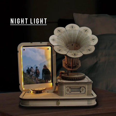 Vintage Gramophone 3D Puzzle Kit With Wooden Model DIY Music Box And Acrylic Photo Frame on nightstand as night light.