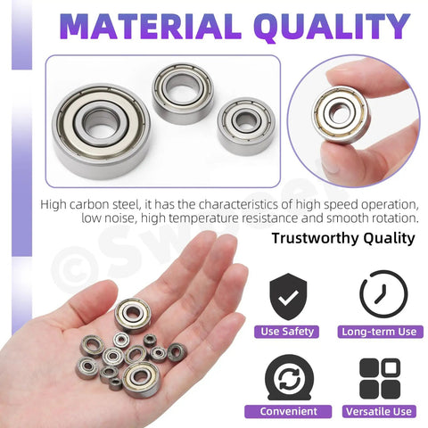 Ultimate Six Sizes Ball Bearings Kit With 36 Pieces 693ZZ 623ZZ 624ZZ 685ZZ 687ZZ 627ZZ in hand and close-up
