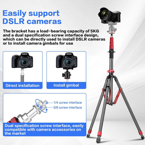 Pro Grade Aluminum Light Stand and Tripod for Photography Adjustable 24 to 102 Inches with camera mounted, screw interface shown