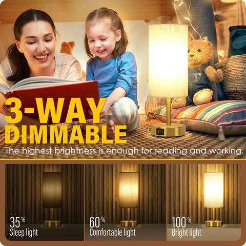 Mother reading to child beside Touch Control Bedside Lamp With USB Port For Bedroom Wood Nightstand Light 3 Way Dimmable Desk Table Lamp