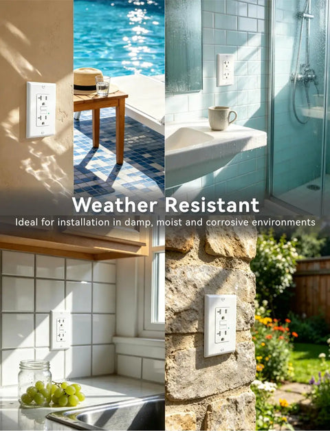 Top Shelf 20 Amp GFCI Outlet With Auto Self Triggering Ground Fault Breaker And Bright Led Light Weather Proof Receptacle in various settings.