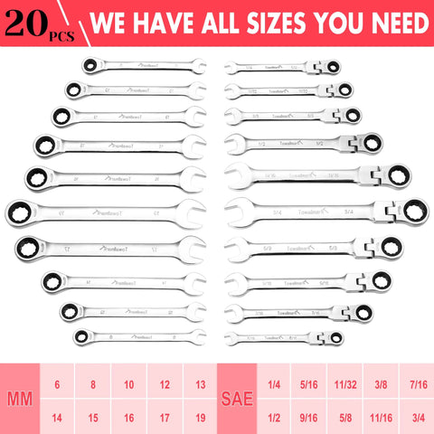 20-Piece Ratcheting Wrench Set With 180 Degree Flex Head And 72-Tooth Ratchet For SAE 1/4-3/4 Inch And Metric 6-19 Millimeter