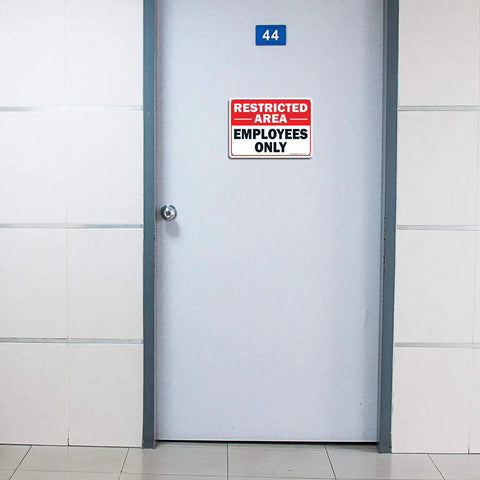 2 Pack Restricted Area Employees Only Sign 10x7 Inches Aluminum Rust Free UV Protected Weather Resistant Waterproof Durable Ink Easy Mount No Entry For Unauthorized Folks High Visibility Security Notice For Offices Warehouses And Shops on a door