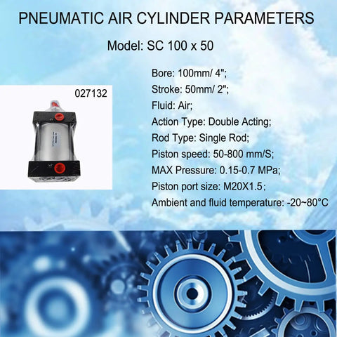 Beefy Built Tough Air Cylinder Double Acting Pneumatic Buffer With Aluminum Alloy Rod SC100X50 4 Inch Bore 2 Inch Stroke Single Rod Design High Pressure 1 MPa M20X1.5 Piston Port Ideal For Industrial Automation, SC 100 x 50