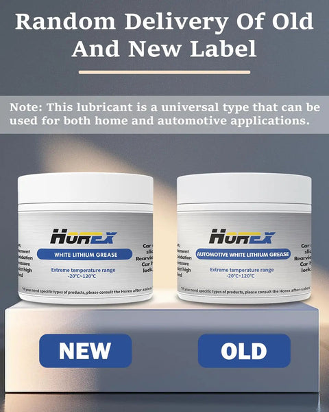 Comparison of new and old labels for universal white lithium grease used in home and automotive applications.