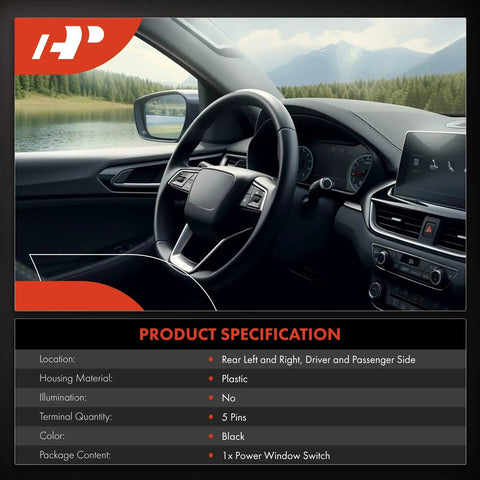 Car interior with steering wheel, dashboard, and lake view, highlighting power window switch specification for installation details.
