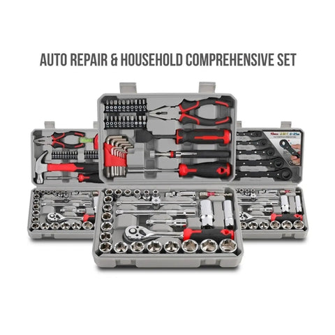 Three Eighths Inch Drive Socket Ratchet Set, 32 Piece Auto Tools Kit in Portable Case for Easy Car Repair, Organized Quick Access Hand Tools for DIY Mechanics with pliers, wrench, and hammer in open case