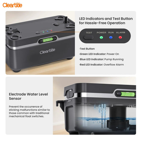 Cleartide HVAC condensate pump, 25dB ultra-quiet, 1/30 HP; LED indicators, test button and water level sensor.