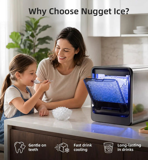 Mom and daughter enjoying soft nugget ice from Portable Countertop Nugget Ice Maker Produces Thirty Five Pounds Of Fresh Pebble Ice Daily With Lightning Fast Five Minute Cycles.