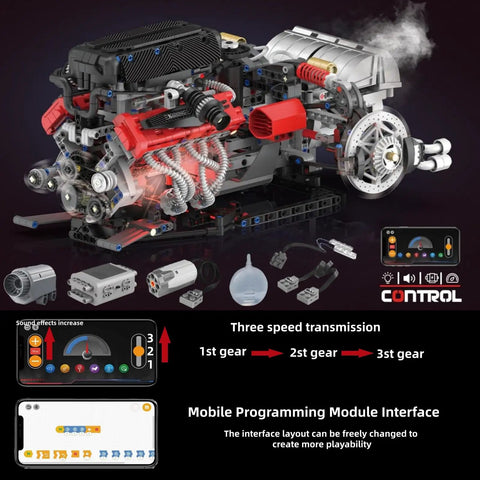 Realistic V12 Engine Model Kit That Runs Visible MOC Car Engine Project For Gearhead Enthusiasts With Motor, Lighting And Exhaust STEM Engineering Toy Set For Adults, Builds Durable, Interactive Engine Display, APP control, 1610-piece model