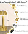 Cordless Gold Battery Operated Table Lamp For Dining Ambience with dimensions and touch control features displayed