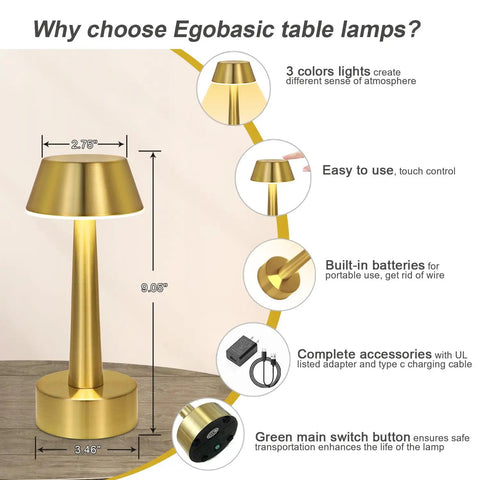 Cordless Gold Battery Operated Table Lamp For Dining Ambience with dimensions and touch control features displayed