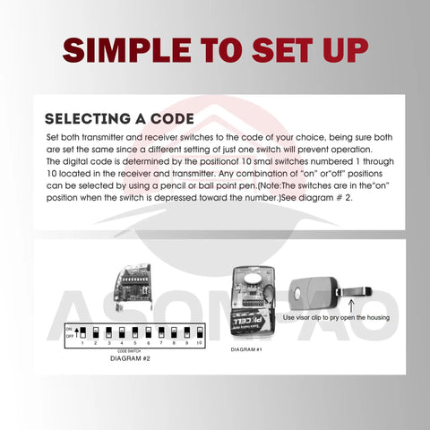 Diagram for Two Button MultiCode Gate Opener Remote setup with industrial chip and visor clip design instructions.