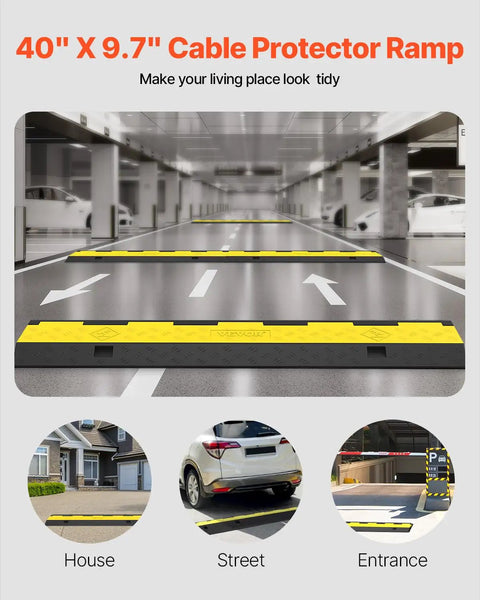 Three Pack 2 Channel Cable Protector Ramp With 11000 Lbs Per Axle Capacity for driveways, shown in various locations.