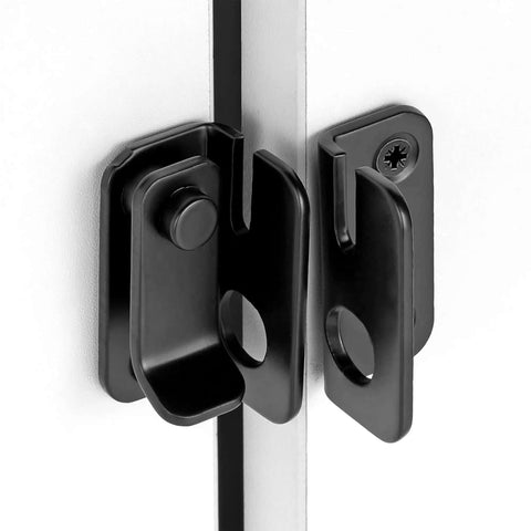 Close-up of Two Pack Heavy Duty Flip Latches in Black Stainless Steel for barn gates, sliding doors, cabinets, and closets, 1.81 by 1.77 inches.