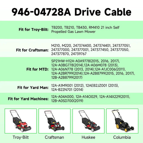 Drive Cable 946-04728A OEM Replacement For Lawn Mower 6HP Briggs Stratton Engines Compatible With Troy Bilt TB200 Craftsman M210 Yard Machines And More fit chart