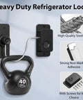 Black heavy duty refrigerator lock with high-quality steel wire and strong non-marking adhesive, supporting 40 kg weight.