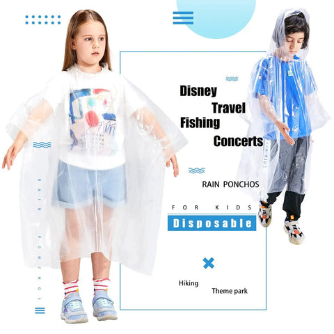 Two kids wearing Six Pack Kid Rain Ponchos Ultra Thick Disposable Hooded Rain Gear Clear Plastic Waterproof Emergency Ponchos For Kids