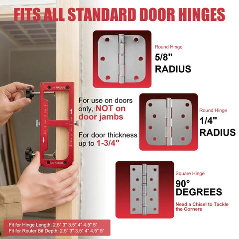 Premium Aluminum Door Hinge Jig And Lock Installation Template Kit For Dead On Router cuts on standard door hinges with radius specifications.