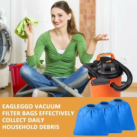 Woman with vacuum showcasing 3 Pack Cloth Vacuum Filter Bags For 2.5 Gallon Wet Dry Vac Models AA256 AA255 AA255W AA155 VRC2 VRC21