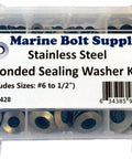 Marine Bolt Supply stainless steel neoprene bonded sealing washer kit in clear plastic organizer box; sizes #6 to 1/2 in