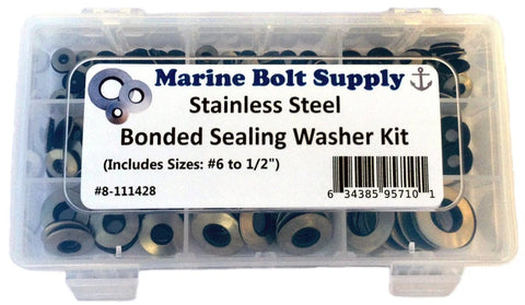 Marine Bolt Supply stainless steel neoprene bonded sealing washer kit in clear plastic organizer box; sizes #6 to 1/2 in