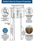 Image showing dimensions and features of Skip The Wet Driveway Hassle Solid Hinged Adjustable Sprinkler Guard Rust Proof Lawn Shield.