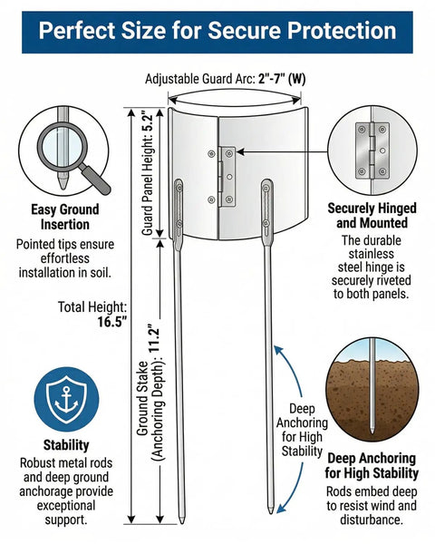 Image showing dimensions and features of Skip The Wet Driveway Hassle Solid Hinged Adjustable Sprinkler Guard Rust Proof Lawn Shield.
