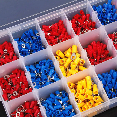 Get Your Wiring Done Right With This Massive 1200 Piece Assorted Insulated Crimp Terminals Set Featuring Ring Fork U-Type Spade And Butt Connectors For All Your Electrical Projects. plastic insulated crimp terminals in assorted red blue yellow bins