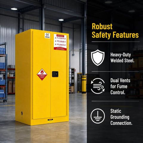 Rock Solid Shop Ready 60 Gallon Steel Flammable Liquid Safety Cabinet With Spill Sump Adjustable Shelves And Grounding Wire For Auto Garages And Job Sites, front view showing safety features.