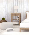 Peel And Stick Wood Wallpaper White Shiplap Look For Cabinets Bathrooms And Bedrooms Waterproof on bedroom wall with rustic decor.