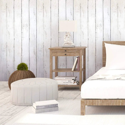 Peel And Stick Wood Wallpaper White Shiplap Look For Cabinets Bathrooms And Bedrooms Waterproof on bedroom wall with rustic decor.