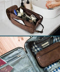 Men's Travel Toiletry Bag With Hella Roomy Compartments, Badass PU Leather Dopp Kit, Water Resistant Grooming Organizer Case For Shaving Essentials And Hygiene Gear In Dark Brown on bathroom counter with toiletry items.